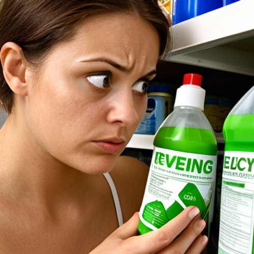 **Image Prompt:** A skeptical consumer examining the fine print of a cleaning product labeled "eco-friendly," revealing a small percentage of recycled material. Greenwashing concept. Realistic, detailed product label, disappointed expression.