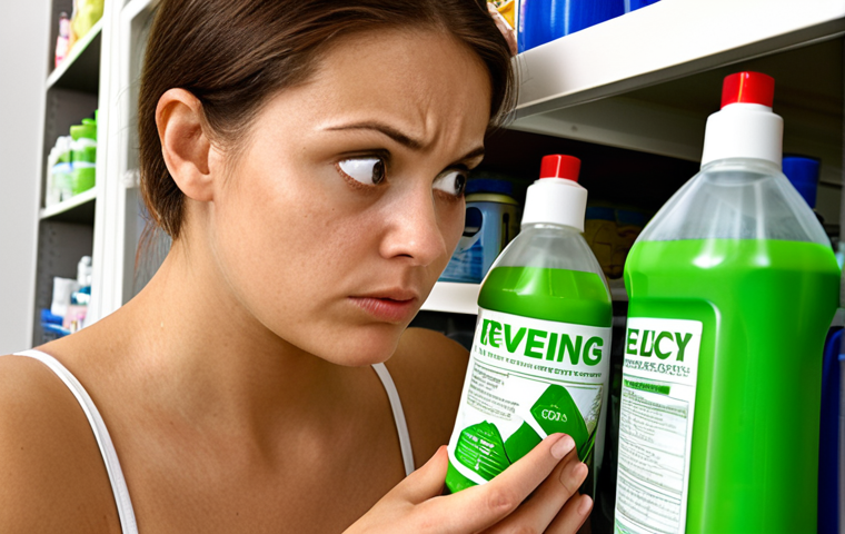 **Image Prompt:** A skeptical consumer examining the fine print of a cleaning product labeled "eco-friendly," revealing a small percentage of recycled material. Greenwashing concept. Realistic, detailed product label, disappointed expression.